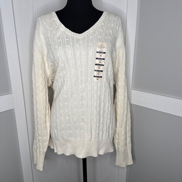 NWT St. John's Bay Cable Knit Sweater Ivory Size 3X Plus Long Sleeve V-Neck - Picture 1 of 5